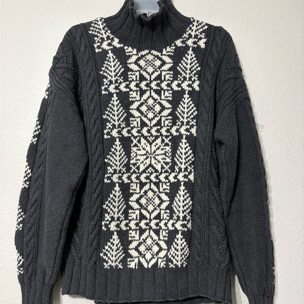 Nautica Mens Handknit Fair‎ Isle Cable Knit Sweater Gray Cotton Mock Neck Large